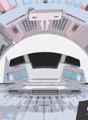 The image shows the interior of a futuristic-looking vehicle or spacecraft. The main focus is a large, curved windshield or display panel with various control panels and buttons surrounding it. The overall design has a sleek, high-tech aesthetic with a mi