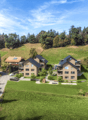 3 detached houses, each with 4 stories, surrounded by a well-maintained lawn and trees