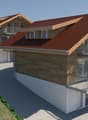 2 story wooden house with red tile roof, balconies, and a raised ground floor