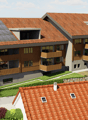 3-story apartment building with orange tile roofs, wooden exterior, balconies, and a parking space in the front