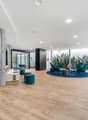 Spacious lobby with hardwood floors, white walls, blue curtains, modern furniture including green armchairs and ottomans, large wall mural with tropical plants, and various storage units.