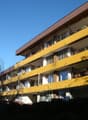 Multi-story building, yellow exterior, multiple balconies, brown roof, glass windows