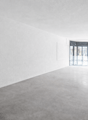 white walls, grey carpet, open door leading to outside, large windows