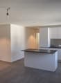 modern, minimalist kitchen with black countertop and white cabinets
