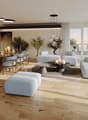 open plan living and dining area, wooden floor, large windows, modern furniture, plants