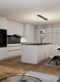 large open space, kitchen with island and black appliances, living room with grey sofa, glass coffee table, dining table, tv