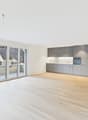 large windows, sliding doors, open space, wooden floor, grey kitchen, modern design
