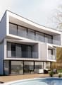 Modern two-story house with a flat roof, large windows, and a swimming pool in the backyard. The house has a balcony or terrace on the upper level.