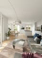 Open-concept living room and dining area, hardwood floors, large windows, modern furniture including a gray sofa, glass coffee table, and pendant lighting, kitchen with white cabinets and a dishwasher visible