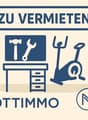 An advertisement for a property to rent, featuring a desk with tools and a stationary bike.