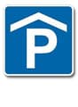 Blue square sign with a white house icon and the letter P