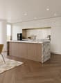 open kitchen, dining area, marble countertop, wooden floor, large windows, modern appliances