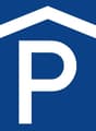 white letter P, blue background