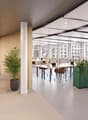 modern office with desks, chairs, plants, carpeted floor, large windows, wooden wall, suspended ceiling