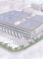 Logistics building with solar panels on the roof, multiple parking spaces for trucks