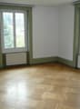 Wooden parquet floor, white walls, two windows with white frames and radiators beneath