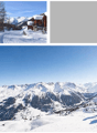 Collage of images showing snowy mountains, a wooden cabin, a sheep, a group of people hiking, and skiers on a mountain