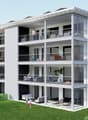 Modern apartment building, multiple stories, balconies, large windows, white walls, landscaped front area