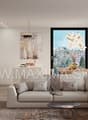 modern living room with large windows, beige sofa, coffee table, carpet, kitchen area, artwork