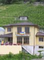 3 story house, brown roof, swimming pool, yellow walls, balcony, pool chairs, terrace, garden, vineyard view