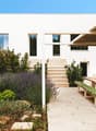 Modern white house, large windows, wooden pergola, outdoor dining area, garden with various plants