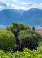 The image shows a scenic view of a mountainous landscape with a large lake in the foreground. The mountains are surrounded by lush, green vegetation, and the lake is dotted with boats and other watercraft. The city can be seen in the distance, with red-ti