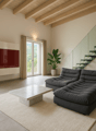 wooden ceiling, white tiles, gray sofa, white rug, marble coffee table, white cupboard with red doors, stairs with glass steps, balcony with metal railing