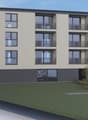 A modern architectural design featuring multiple stories with balconies, large windows and a grassy lawn in front