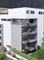 modern 5 story building with large balconies, modern design, surrounded by grass and flowers, rooftop terrace