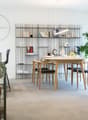 Modern interior with dining table, chairs, shelves with books, plants, and decor items.