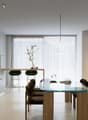 modern kitchen, dining area, bar stools, glass table, white flooring, ceiling lamps, floor lamp, sink, white cupboards