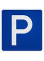 Blue square sign with white letter 'P' indicating a parking area