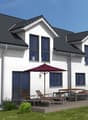 2 story white house, gray roof, large glass windows, outdoor seating, patio, black gutters