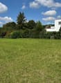 flat grassy field, modern white house, trees and bushes in background, clear blue sky
