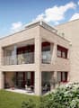3 story house, brick wall, red windows, balconies, garden, patio