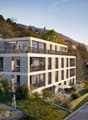 Residential building, multiple floors, balconies, modern design, green surroundings