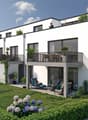 2 story house, white facade, two balconies, garden, three cars parked