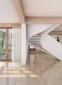 modern design, white couch, wooden floor, glass windows, spiral staircase, wooden beams