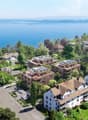 Aerial view of a residential area with houses, trees, and a lake in the background.