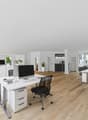 modern office with white walls, wooden floors, white desks, black office chairs, computer monitors, potted plants