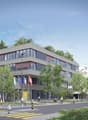6 story building, red and gray color scheme, 14 windows, green roof, flagpoles, large trees