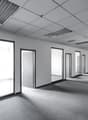 An empty office corridor with multiple rooms, large windows, and a carpeted floor.