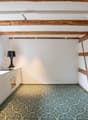 kitchen, wooden beams, window, floor tiles, kitchen counter, oven, lamp, sink
