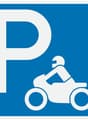 Blue square sign with a white motorcycle icon and the letter 'P' indicating a designated parking area for motorcycles.