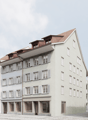 4 story house, brown roof, white wall, glass windows, raised ground floor