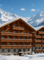 wooden exterior, multiple balconies, snow-covered roof, surrounded by mountains