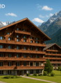 large wooden chalet, multiple balconies, surrounded by mountains, green lawn