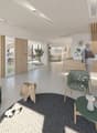 Reception area, waiting area, consultation rooms, open floor plan, natural light, wooden elements, modern furniture, plants, children's play area