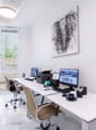 minimalistic interior, large desk, computer, monitor, printer, keyboard, mouse, penholder, window with blinds, marble floor