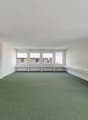 Empty room with a green carpet, large windows, and white walls.
